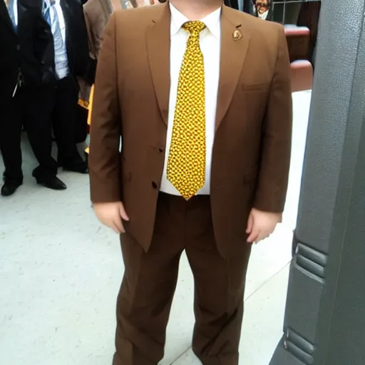 Image similar to Andy Richter is wearing a chocolate brown suit and yellow shirt and necktie. Andy is standing in front of a mirror.