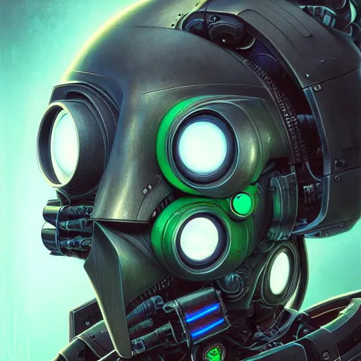 Image similar to low angle shot of a cyberpunk gazmask robot character, green eyes, intricate, elegant, highly detailed, centered, digital painting, artstation, concept art, smooth, sharp focus, illustration, artgerm, Tomasz Alen Kopera, Peter Mohrbacher, donato giancola, Joseph Christian Leyendecker, WLOP, Boris Vallejo