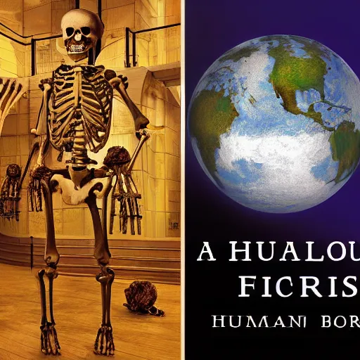 Image similar to A human skeleton in a museum with a holographic planet Earth next to it, science fiction, book cover