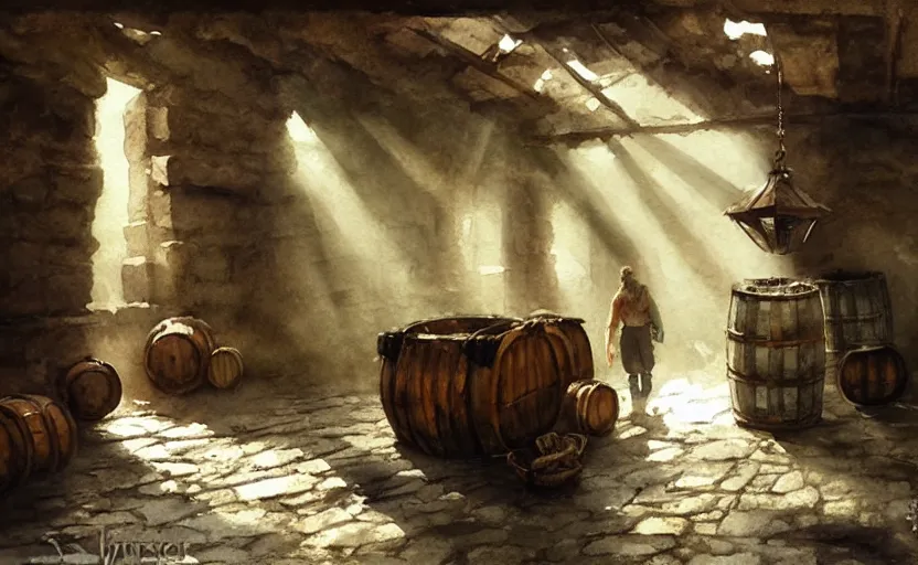 Image similar to watercolor painting of rustic ruin cellar, wooden crates, barrels, stone walls, lantern, very beautiful ambient lighting, sun rays, dust, art by anders zorn, wonderful masterpiece by greg rutkowski, cinematic light, american romanticism by greg manchess, creation by tyler edlin