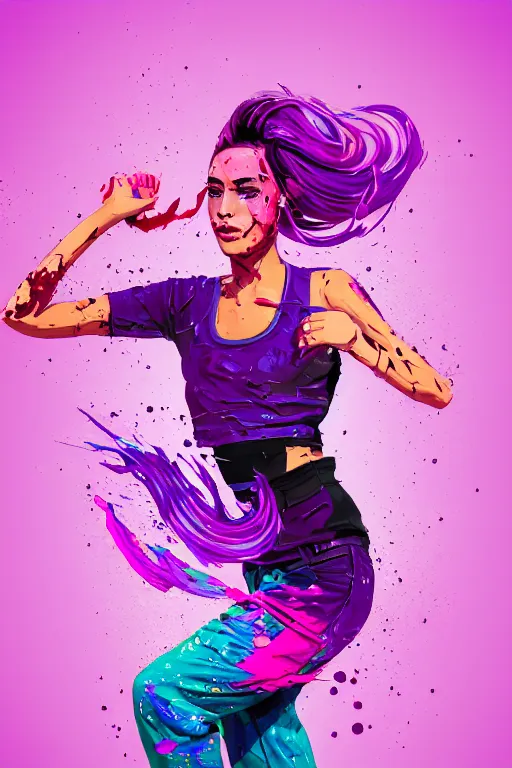 Image similar to a award winning half body porttrait of a beautiful woman in a croptop and cargo pants with ombre purple pink teal hairstyle with head in motion and hair flying, paint splashes, splatter, outrun, vaporware, shaded flat illustration, digital art, trending on artstation, highly detailed, fine detail, intricate