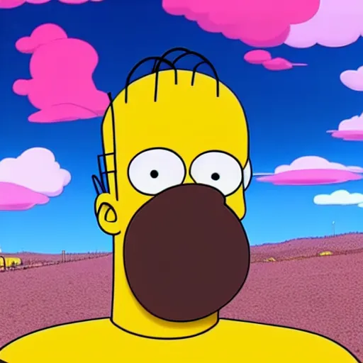 Image similar to wide angle Homer Simpson as C3PO, background blue sky puffy clouds cinematic 4k