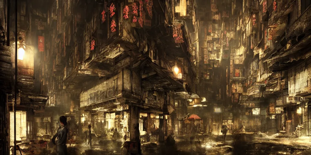 Prompt: inside of kowloon walled city by night, apartments interior, concept art, steetlamps, dark atmospheric style, dark shadows, reflections, epic composition, intricate, elegant, volumetric lighting, digital painting, highly detailed, artstation, sharp focus, illustration, octane render, concept art, ruan jia, steve mccurry