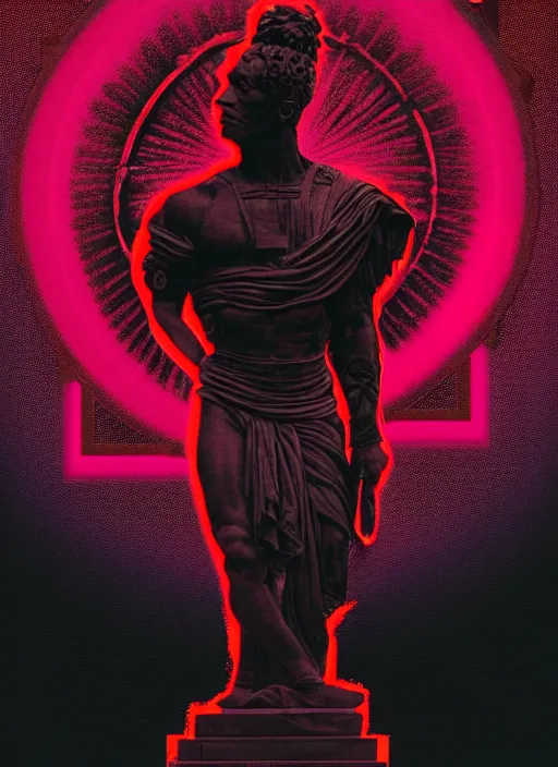 Image similar to black background with subtle red and purple design elements, statue of julius caesar, nekro, modern design, collage art, thin lines, dark, glitch art, neo vaporwave, gritty, layout frame, trending on artstation