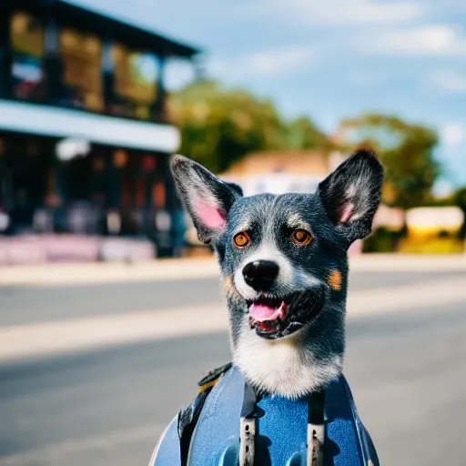 Image similar to blue heeler dog on a motorcycle, 8 k photography, blurred background of a wafflehouse