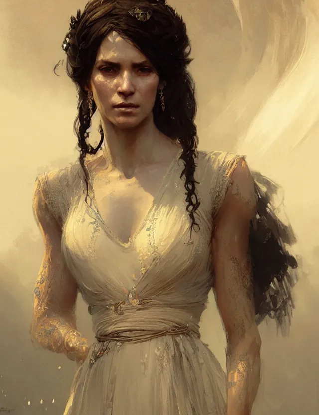 Image similar to portrait of a lady in a long dress, concept art, intricate details, very detailed works by greg rutkowski, gaston bussiere, craig mullins, simon beasley