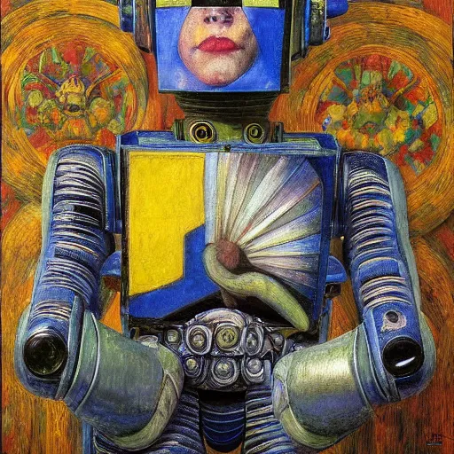 Prompt: masterpiece painting of an android robot wearing a mask made of flowers, by annie swynnerton and diego rivera and saturno butto, symbolist, dramatic lighting, god rays, elaborate geometric ornament, art brut, soft cool colors, smooth, sharp focus, extremely detailed, adolf wolfli