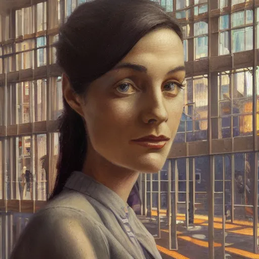 Prompt: detailed face of an intelligent clothed woman with kind eyes in a architectonic courtyard with transparent displays at a science expo, atmospheric, ambient, pj crook, syd mead, livia prima, artgerm, greg rutkowski, nick alm, casey baugh