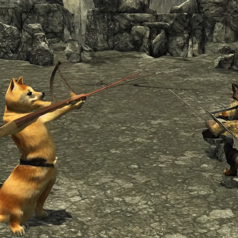 Image similar to a humanoid shiba inu firing a bow, skyrim pc screenshot