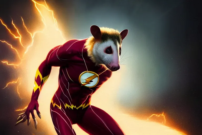 Image similar to a stunning digital painting of a opossum as the flash in spandex costume, running in the speedforce by greg rutkowski, volumetric light, digital art, fine detail, photorealistic