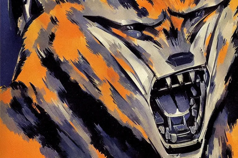 Prompt: face of a ferocious bionic werewolf robot with sharp teeth by Paul Cezanne by Syd Mead