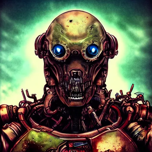 Image similar to pixiv, gruesome, sci - fi, polychaeta, undead cyborg head, doom, newt, red, white