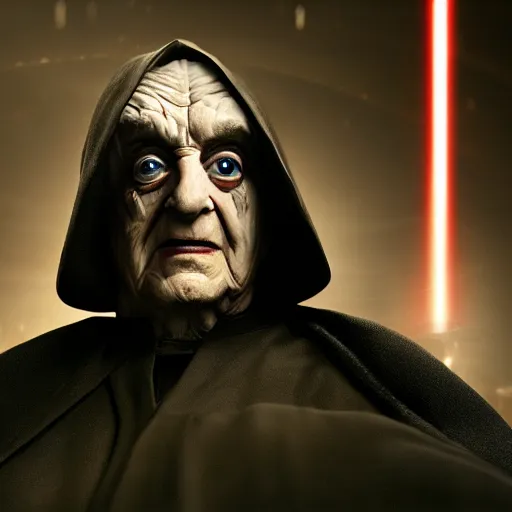 Image similar to Portrait of George Soros as darth sidious from starwars, splash art, movie still, cinematic lighting, dramatic, octane render, long lens, shallow depth of field, bokeh, anamorphic lens flare, 8k, hyper detailed, 35mm film grain