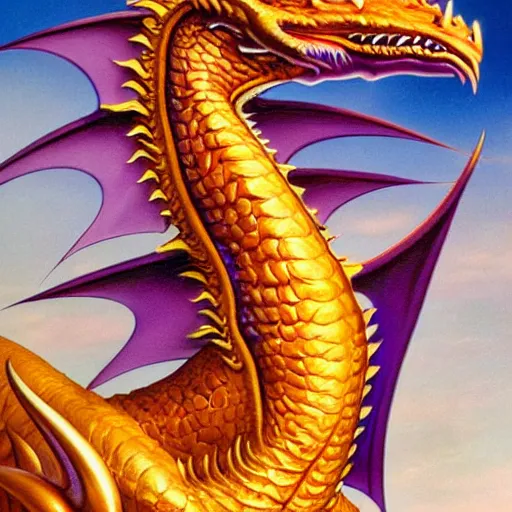 Image similar to purple and gold dragon by Boris Vallejo ultra detail