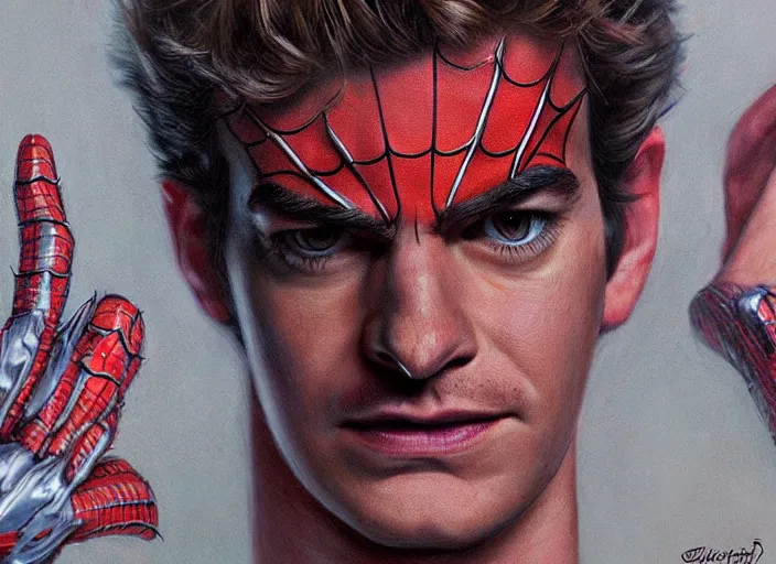 Image similar to a highly detailed terrifying portrait andrew garfield spidey, james gurney, james jean