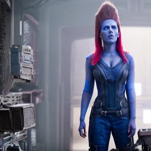 Prompt: film still of Scarlett Johansson as Nebula in Guardians of the galaxy, bald, blue, prosthetics on face