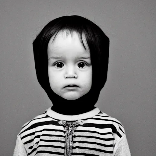 Prompt: the face of punk rock alien at 2 years old wearing balenciaga clothing, black and white portrait by julia cameron, chiaroscuro lighting, shallow depth of field, 8 0 mm, f 1. 8