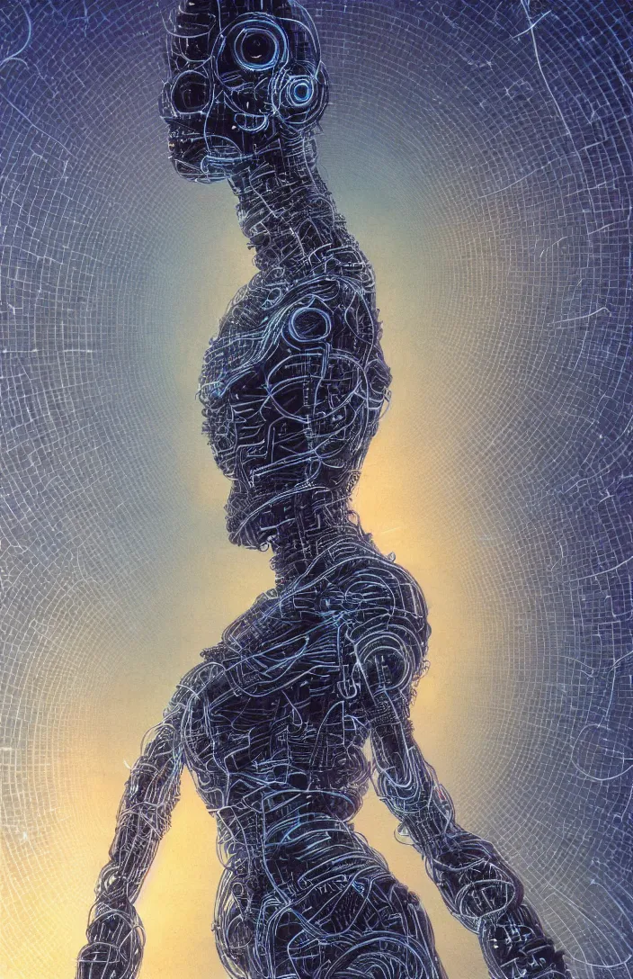 Prompt: an cybernetic goddess, contemplating existence, beyond the known universe, fine art, bokeh, omnidimensional, ocd, electroluminescent wire by wayne barlowe