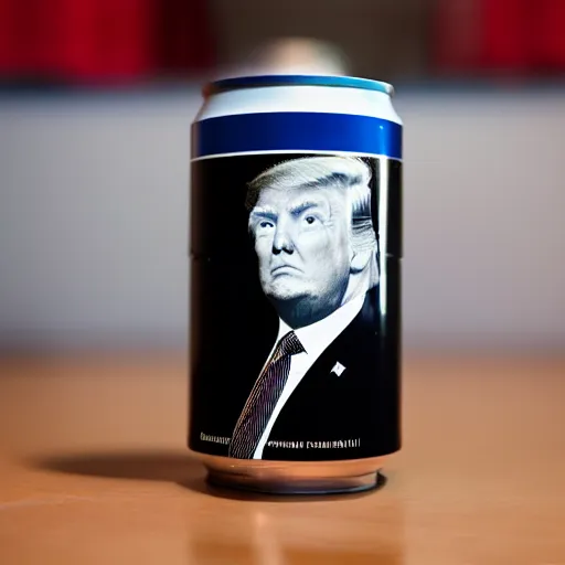 Prompt: a dslr photograph of a can of diet coke with donald trump's face on it, 8 5 mm f 2