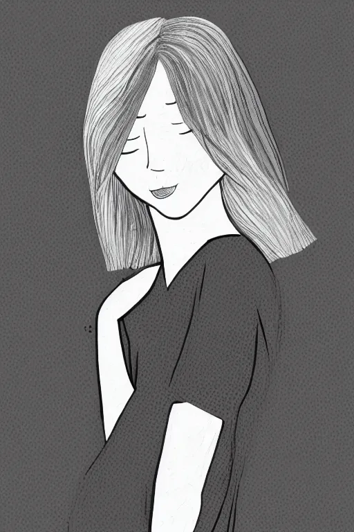 Image similar to portrait of a girl in long pants and a top, hands in pockets, eyes closed, bob haircut, digital art, black and white, lineart