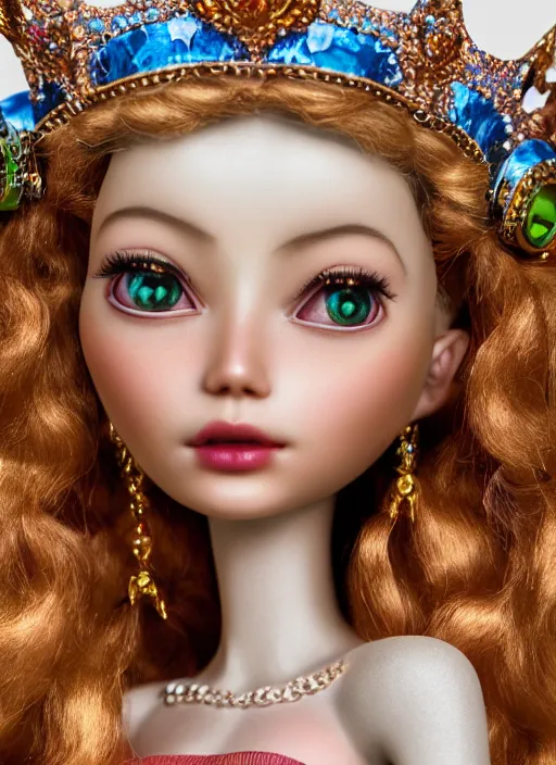 Image similar to closeup profile portrait of tin toy fairytale princess wearing a crown, bikini, depth of field, zeiss lens, detailed, symmetrical, centered, fashion photoshoot, by nicoletta ceccoli, mark ryden, lostfish, breathtaking, 8 k resolution, extremely detailed, beautiful, establishing shot, artistic, hyperrealistic, octane render