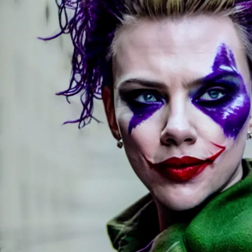 Image similar to awe inspiring Scarlett Johansen as The Joker 8k hdr