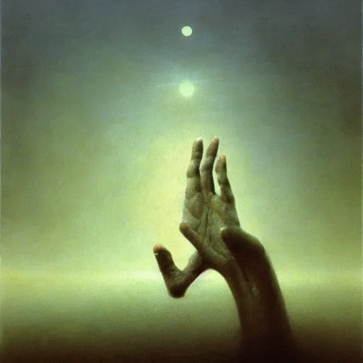 Prompt: arm reaching out of thick fog, granite tablets floating in the sky, zdzislaw beksinski