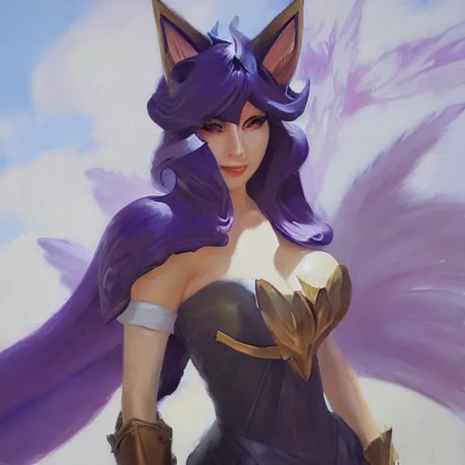 Image similar to greg manchess portrait painting of partially armored ahri from league of legends as overwatch character, medium shot, asymmetrical, profile picture, organic painting, sunny day, matte painting, bold shapes, hard edges, street art, trending on artstation, by huang guangjian, gil elvgren, ruan jia, randy vargas, greg rutkowski, gaston bussiere