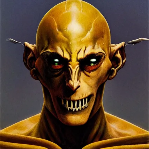 Image similar to ( ( ( head and shoulders portrait of a gaunt noseless yellow - skinned bald githyanki warrior in a breastplate ) ) ), greg rutkowski, frank frazetta, alexandre chaudret, boris vallejo, michael whelan, miro petrov, hr giger, magali villeneuve, donato giancola, d & d, fantasy, medieval