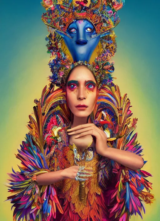 Image similar to an anthropomorphic beautiful goddess female wizard made of colourful bird portrait holding a staff wearing colourful robe, fine art, award winning, intricate, elegant, sharp focus, octane render, hyperrealistic, cinematic lighting, highly detailed, digital painting, 8 k concept art, art by jamie hewlett and z. w. gu, masterpiece, trending on artstation, 8 k