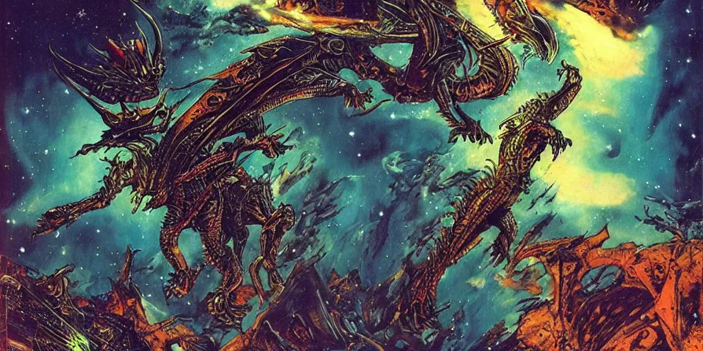 Image similar to an alien dragon flying through outer space, epic nebula, style of philippe druillet matte illustration