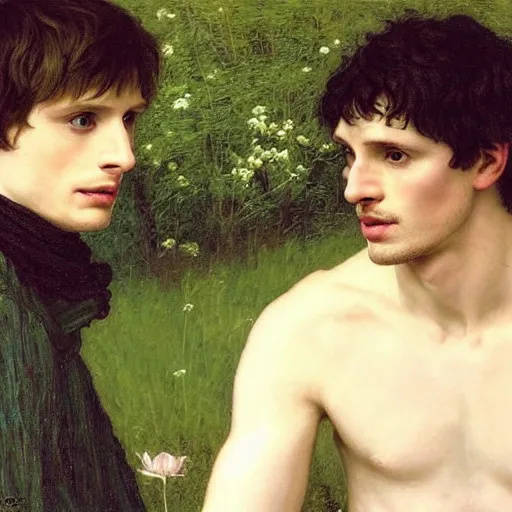 Prompt: Bradley James and Colin Morgan. From the television show Merlin (2008). In a beautiful meadow in love, happy; high-detailed oil painting by Edgar Maxence and William-Adolphe Bouguereau, trending on Artsatio, masterpiece, 4k