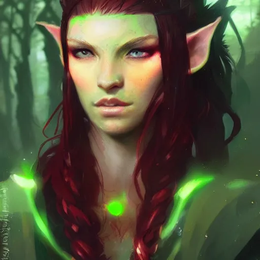 Prompt: a beautiful elf Druid girl with red hair and glowing green eyes , trending on ArtStation , concept art by greg rutkowski w--n 4