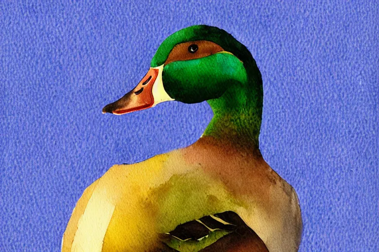 Image similar to a watercolor painting of mallard duck with blue screen background lowpoly art