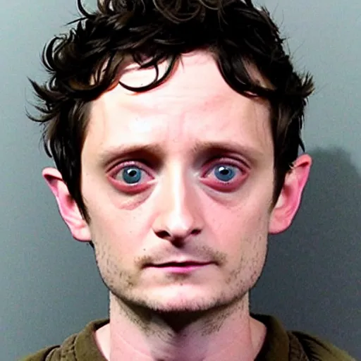 Image similar to Elijah Wood as Frodo Baggins, mugshot photograph