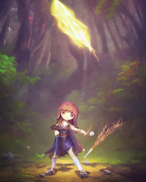 Prompt: oil painting of a MapleStory mage, cute chibi, attacking, casting a spell with a spear, wearing long magical robes, sharp focus, fantasy style, octane render, volumetric lighting, 8k high definition, by greg rutkowski, highly detailed, trending on artstation, magic the gathering artwork, magical forest background from MapleStory, centered