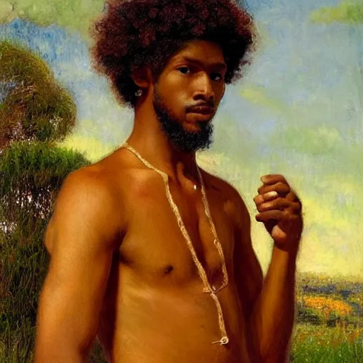 Image similar to east african man with curly hair, wide shot, full body, fedosenko roman, j. w. godward, jose miguel roman frances, intricate details, countryside, dreamy, impressionist, figurative