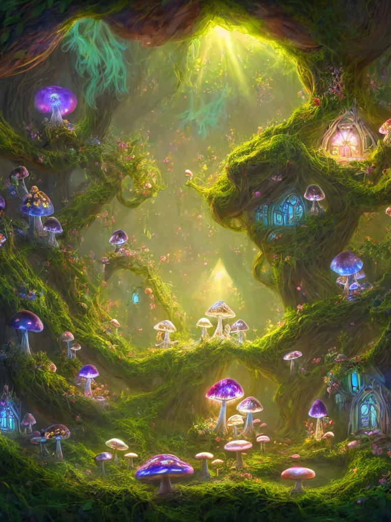 Image similar to the interior of a celestial dainty fairy cottage in a bioluminescent tree trunk decorated beautifully, lots of cute fairy design elements like toadstool mushrooms and cyberpunk robots, warm sunlight shining in, lots of plants and flowers, concept art 8 k resolution, fantasy illustration, sharp focus, detailed painting, deep color, volumetric lighting, crepuscular rays