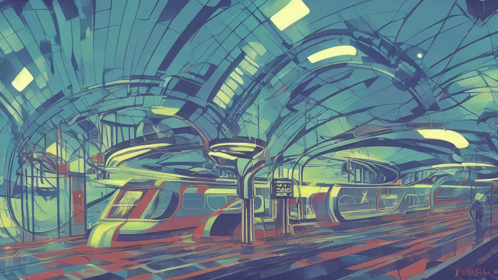 Image similar to 7 0 s sci - fi train station interior, retrofuturism, gouache, animated film, stylised, illustration, by eyvind earle, scott wills, genndy tartakovski