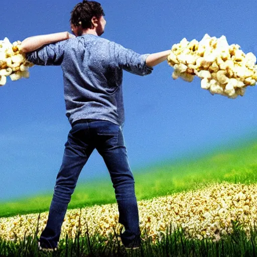 Image similar to man stands on a meadow made of popcorn, fantasy art