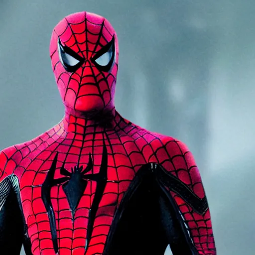 Image similar to bruce willis as unmask spiderman, rain background, an film still