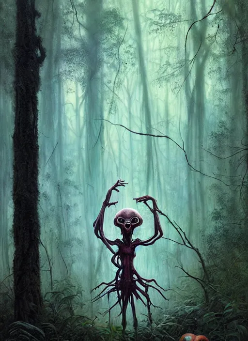 Image similar to hyper realistic spooky alien in the woods in a river gorgeous lighting, lush forest foliage blue sky a hyper realistic painting by chiara bautista and beksinski and norman rockwell and greg rutkowski, tom bagshaw weta studio, and lucasfilm