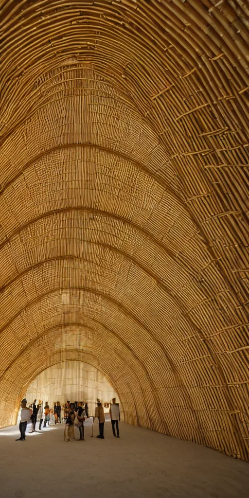 Prompt: inside small pavilion made of bamboo. complex curved vaulting structure. a large crowd at a party. minimalist, 4 k, 8 k. volumetric lighting.