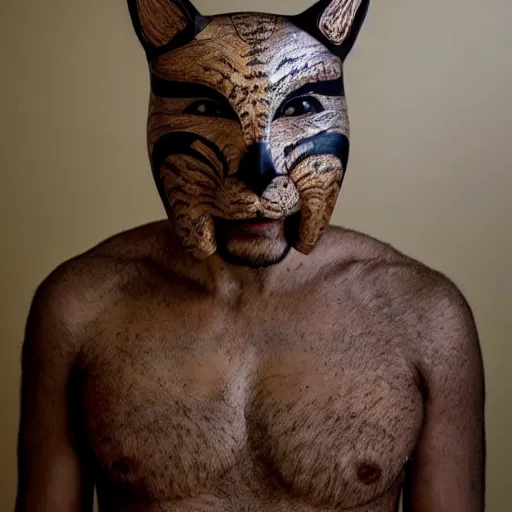 Image similar to a portrait of a beautiful persian male wearing a kitsune mask carved in wood by iris van herpen,