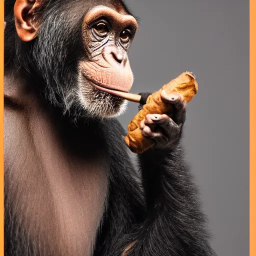 Image similar to a high detail closeup shot of a chimp wearing a suit, smoking a cigar