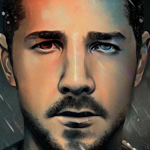 Prompt: epic digital matte paining shia labeouf in blade runner 2 0 4 9 by jama jurabaev and denis villeneuve, extremely detailed, artstation