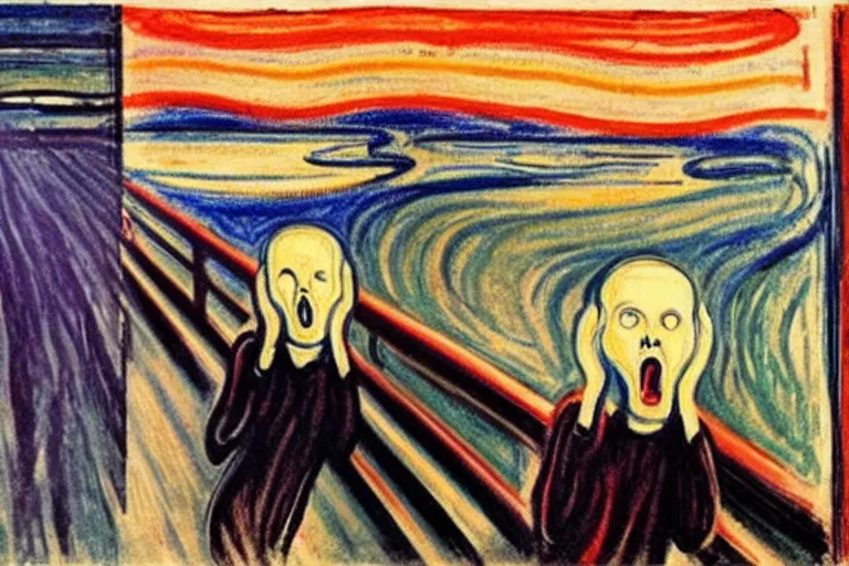 Prompt: Edvard Munch's 'kanye west in the style of the scream', painting, expressionism, (((music notes))), (((((kanye west)))))