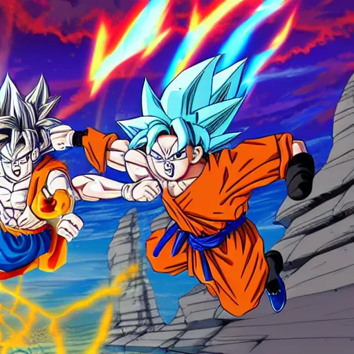 Image similar to Goku and Rick Sanchez going Super Saiyyan as they fight each other near mountain canyons, highly detailed anime art