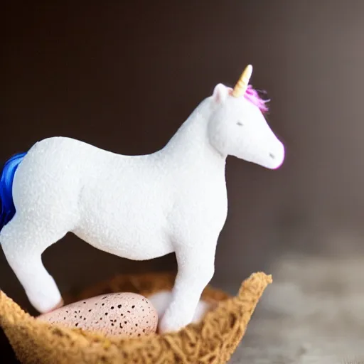 Prompt: photo of a realistic unicorn hatching out of an egg