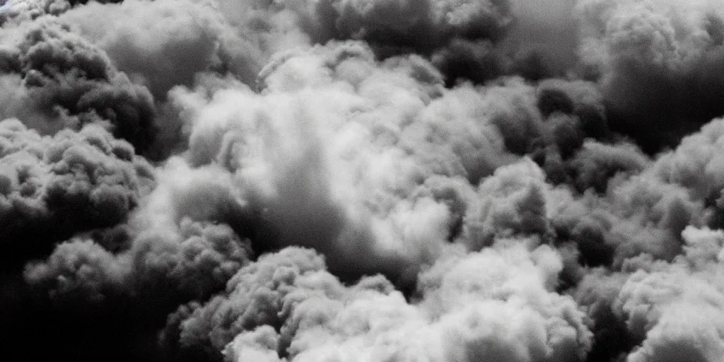 Image similar to large explosions, clouds of smoke, fireballs, shock waves, aerial view, 120 black and white film